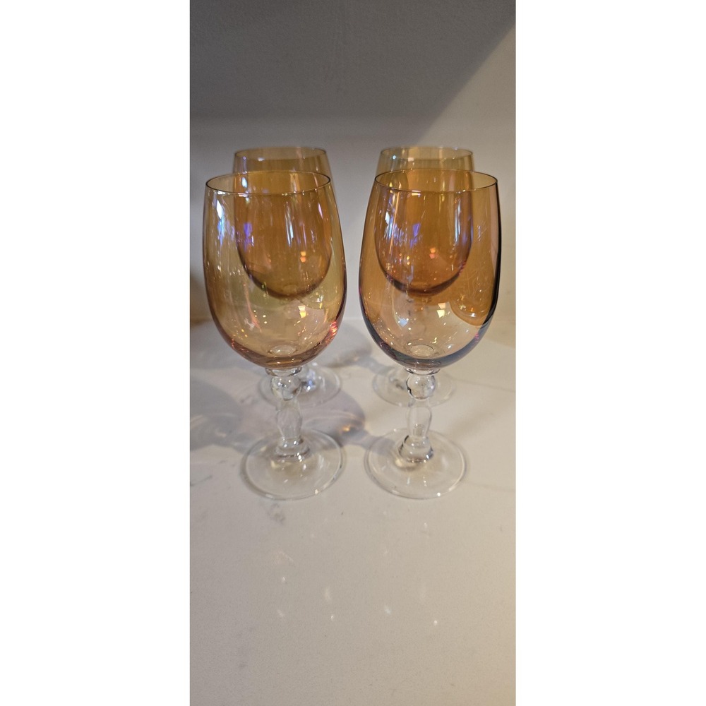 Vintage Amber Iridescent Wine Glasses | Balloon Bowl Clear Baluster Stemware Set